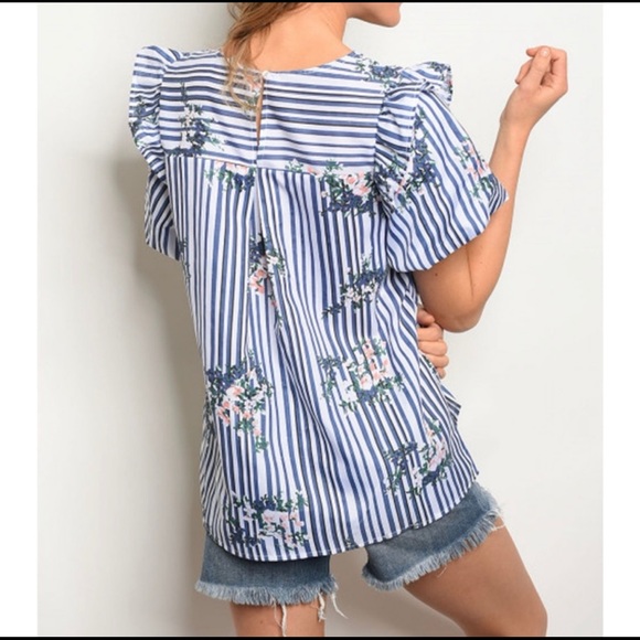 White Navy Stripe Ruffle Detail Floral Top S M L - Picture 2 of 3